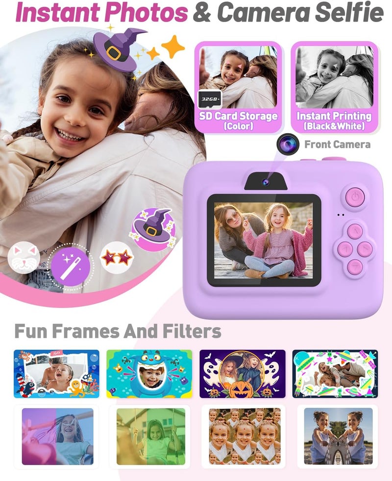 Yehtta Kids Camera Instant Print, Dual-Lens Front Rear Selfie Camera for Kids, Christmas Birthday Gifts Toys for 3-12 Year Old Boys Girls, 2.4in Screen 1080P Kids Digital Cameras with 32G Card - Image 4